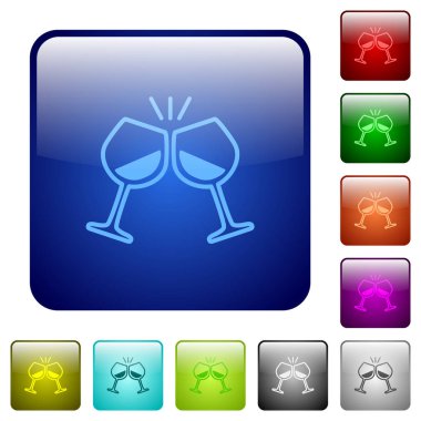 Yuvarlatılmış kare renkli parlak düğme şarap simgeleri ile toasting ayarla