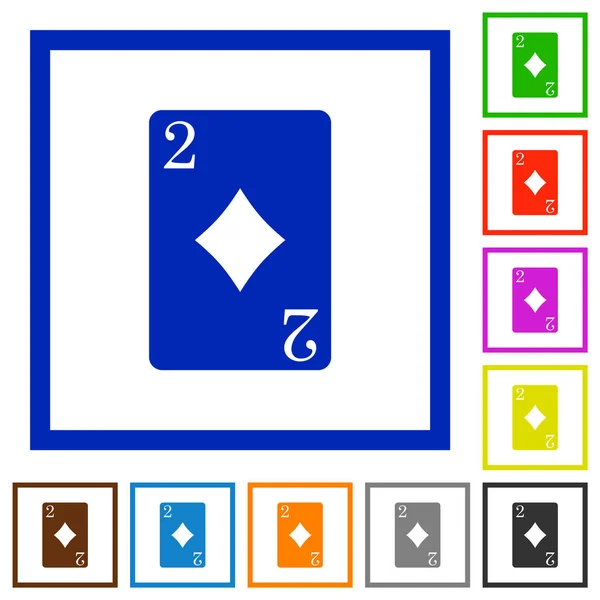 Zwei Von Diamanten Karte Flache Farbsymbole Quadratischen Rahmen Auf Weißem — Stockvektor