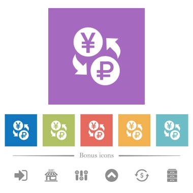 Yen Rublesi para Satım düz beyaz simgeler kare arka planlar. 6 bonus simgeler dahil.