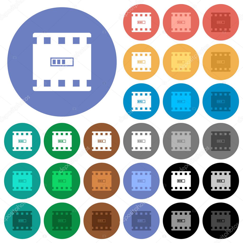 Movie processing multi colored flat icons on round backgrounds. Included white, light and dark icon variations for hover and active status effects, and bonus shades.