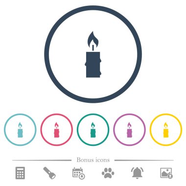 Burning candle with melting wax flat color icons in round outlines. 6 bonus icons included. clipart