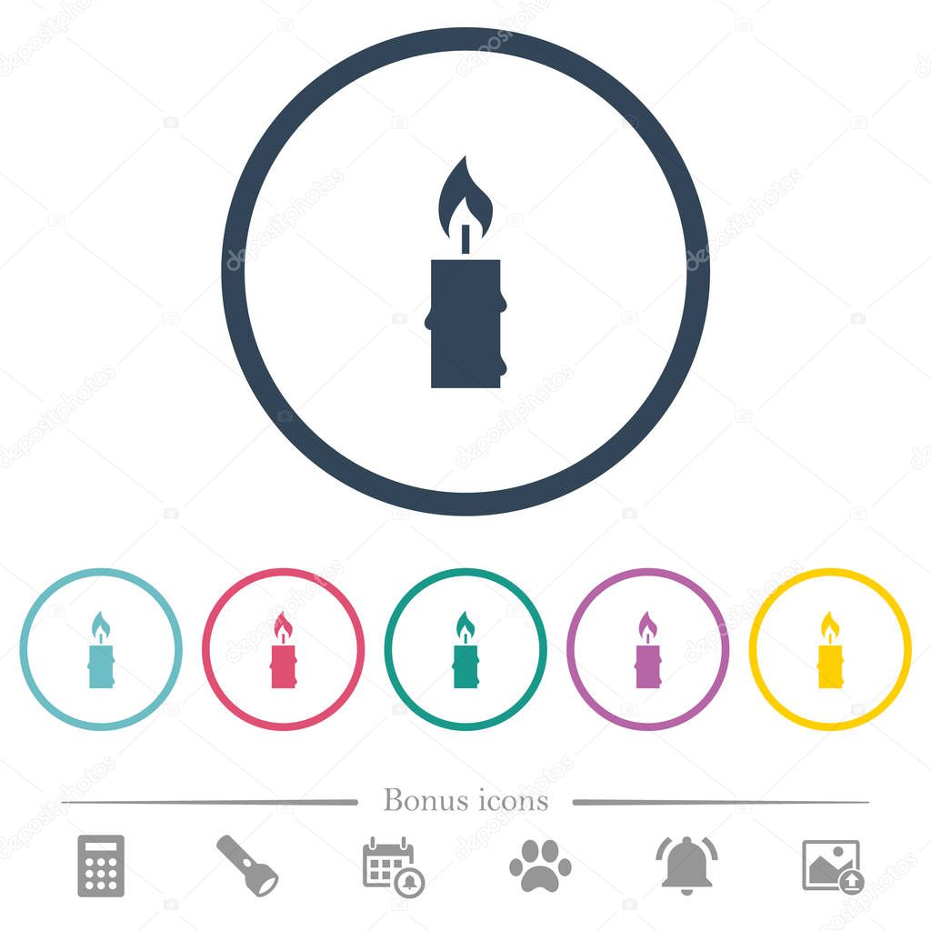 Burning candle with melting wax flat color icons in round outlines. 6 bonus icons included.