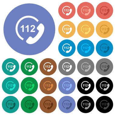 112 acil arama çok yuvarlak arka planlar üzerinde düz simgeler renkte. Beyaz, açık ve koyu simgesi varyasyonları vurgulu ve etkin durumu efektleri ve bonus tonları için dahil.