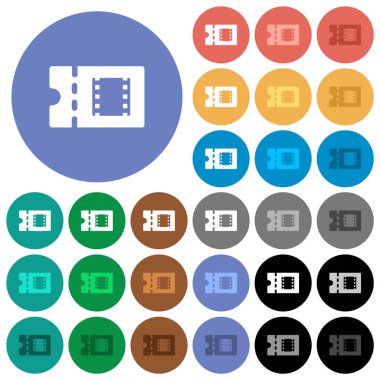 Film indirim kupon çok yuvarlak arka planlar üzerinde düz simgeler renkte. Beyaz, açık ve koyu simgesi varyasyonları vurgulu ve etkin durumu efektleri ve bonus tonları için dahil.