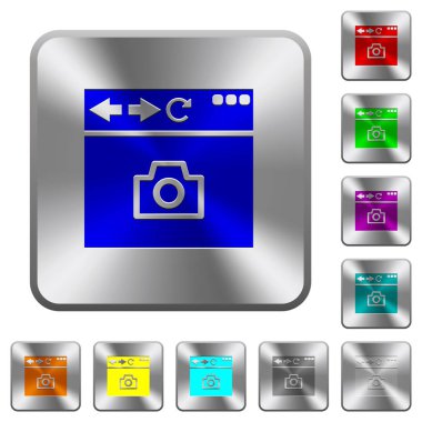 Yakalama tarayıcı ekranı üzerinde yuvarlak kare parlak çelik düğmeler simgeler kazınmış