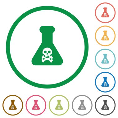 Beyaz arka plan üzerinde yuvarlak özetliyor tehlikeli kimyasal deney düz renk simgeleri