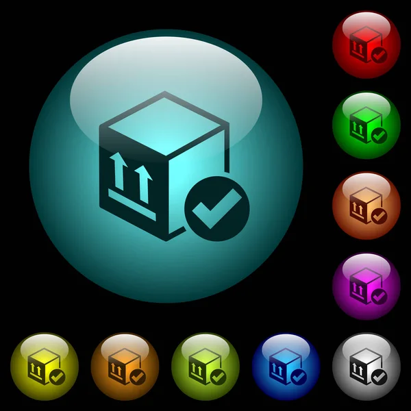 Package delivered icons in color illuminated spherical glass buttons on black background. Can be used to black or dark templates