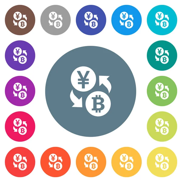 Yen Bitcoin Cambio Moneda Plana Iconos Blancos Sobre Fondos Color — Vector de stock