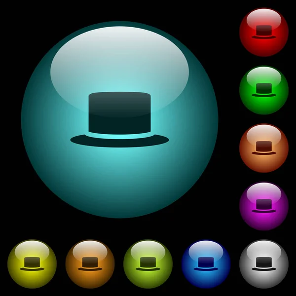 Шовковий Капелюх Іконки Кольорі Ілюміновані Сферичні Скляні Кнопки Чорному Тлі — стоковий вектор