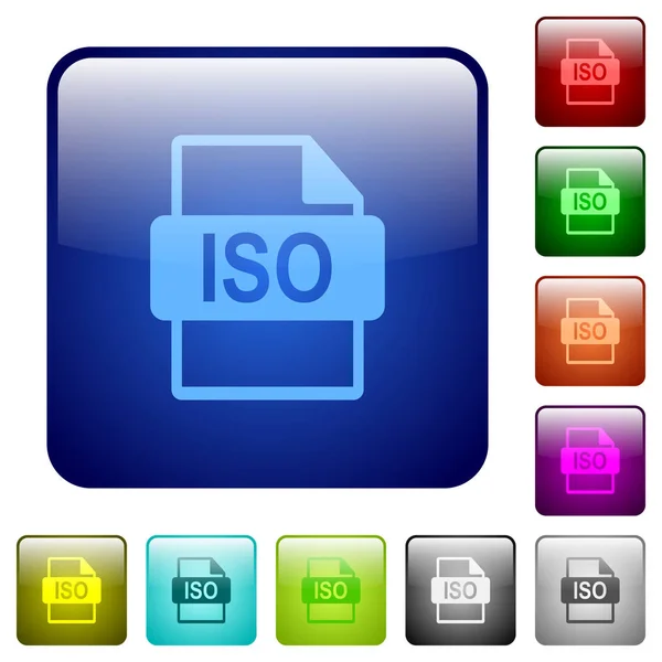 Iso Bestand Formaat Pictogrammen Glanzende Knop Afgeronde Vierkante Kleur Instellen — Stockvector