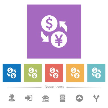 Dolar Yen para Satım düz beyaz simgeler kare arka planlar. 6 bonus simgeler dahil.