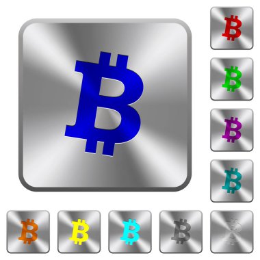 Bitcoin dijital cryptocurrency simgeler Yuvarlatılmış kare parlak çelik düğmeler üzerinde kazınmış.