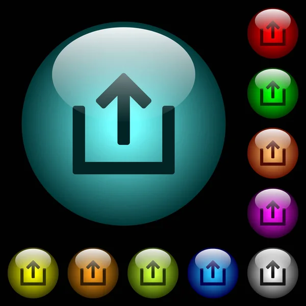 导出黑色背景上彩色照明球形玻璃按钮中的项目图标 可用于黑色或深色模板 — 图库矢量图片