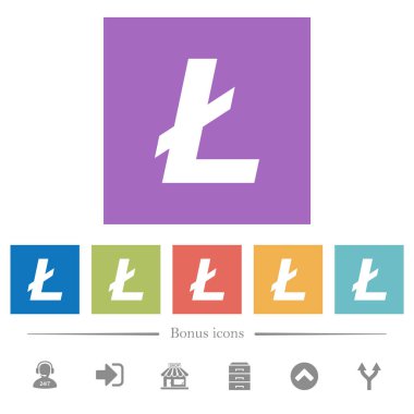 Litecoin dijital cryptocurrency düz beyaz kare arka planlar simgeler. 6 bonus simgeler dahil.
