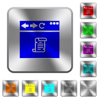 Tarayıcı komut dosyası çalıştıran simgeler Yuvarlatılmış kare parlak çelik düğmeler üzerinde kazınmış.