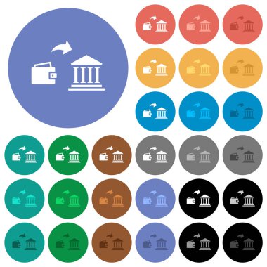 Çok bankaya para yatırmak yuvarlak arka planlar üzerinde düz simgeler renkte. Beyaz, açık ve koyu simgesi varyasyonları vurgulu ve etkin durumu efektleri ve bonus tonları için dahil.