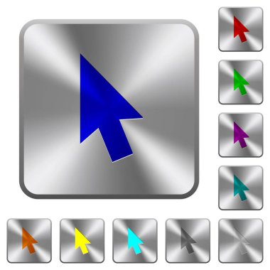 Fare imlecini simgeler Yuvarlatılmış kare parlak çelik düğmeler üzerinde kazınmış.