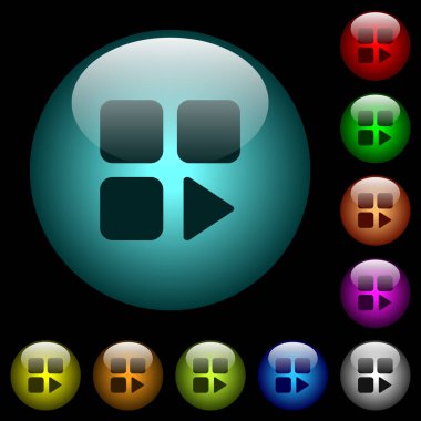 Renkli ışıklı küresel cam düğmeler siyah arka plan üzerine bileşen oyun simgeler. Siyah veya koyu şablonları için kullanılabilir