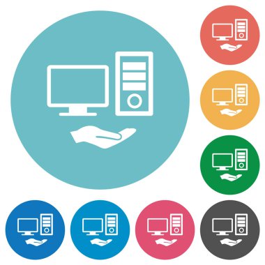 Bilgisayar düz beyaz simgeler yuvarlak renkli arka planlar üzerinde paylaşılan