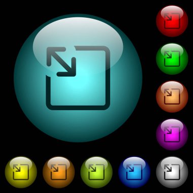 Nesne simgeler siyah arka plan üzerinde renkli ışıklı küresel cam düğmeleri yeniden boyutlandırın. Siyah veya koyu şablonları için kullanılabilir