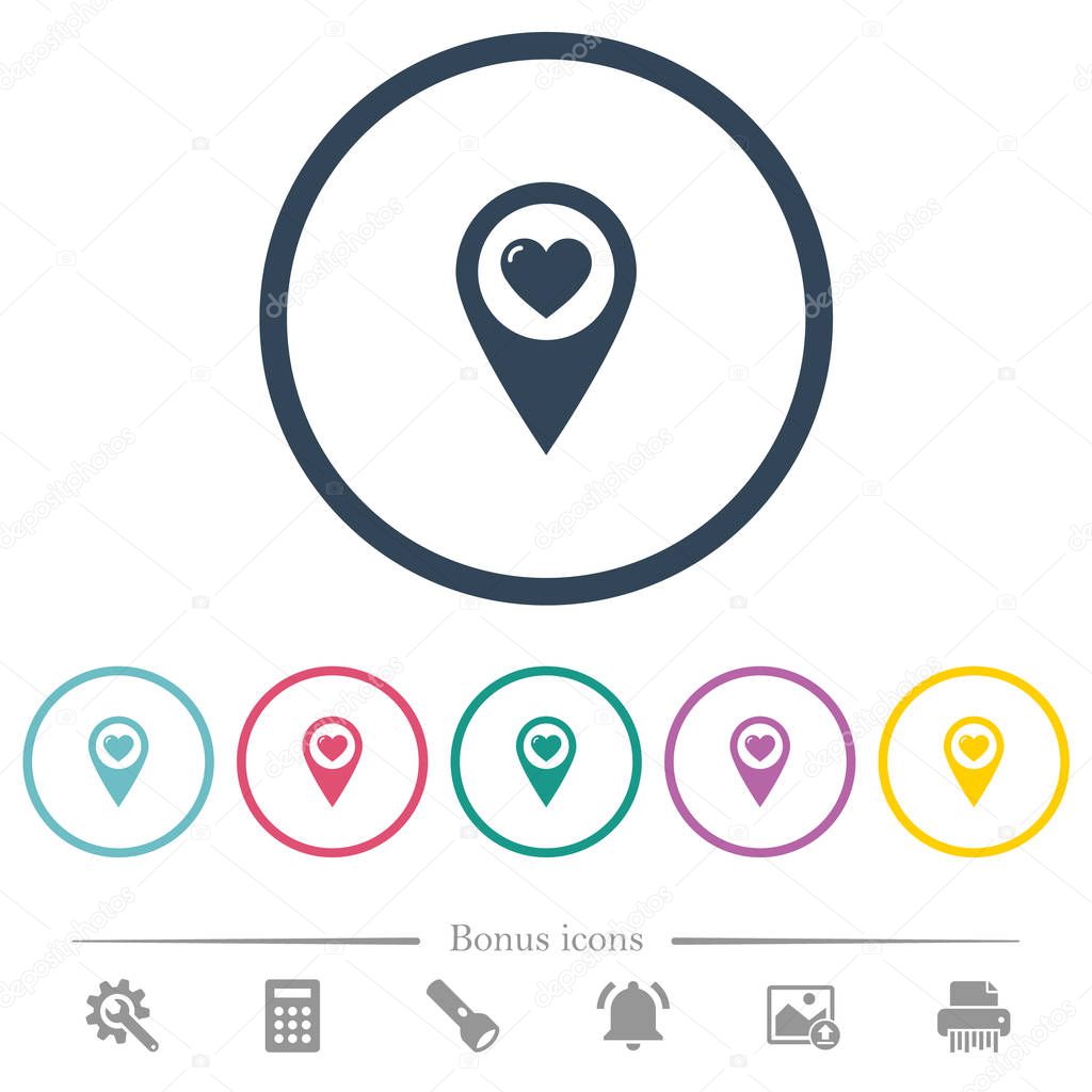 Favorite GPS map location flat color icons in round outlines. 6 bonus icons included.