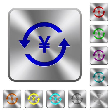 Yen geri oyulmuş simgeler Yuvarlatılmış kare parlak çelik düğmeler üzerinde ödeme.