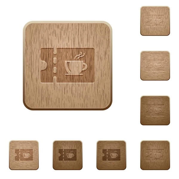 Coffee House Discount Coupon Rounded Square Carved Wooden Button Styles — Stock Vector