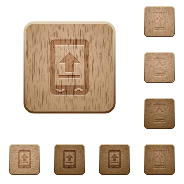 Mobiler Upload Auf Abgerundeten Quadratischen Geschnitzten Holzknöpfen — Stockvektor