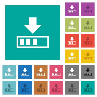 Sade kare arkaplanlarda çok renkli düz simgeler indiriliyor. Uçan veya etkin efektler için beyaz ve koyu simge varyasyonları.