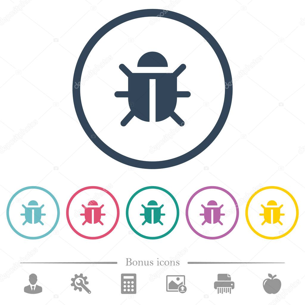 Computer bug flat color icons in round outlines. 6 bonus icons included.