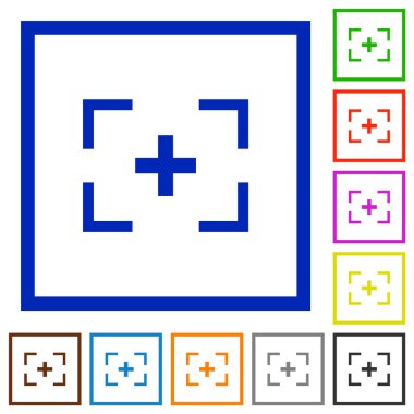 Kamera crosshairs kare kare beyaz arka plan üzerinde renkli simgeler düz