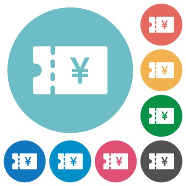 Japon yeni kupon düz beyaz simgeler yuvarlak renkli arka planlar üzerinde indirim