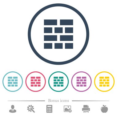 Tuğla duvar düz renkli simgeler yuvarlak özetliyor. 6 bonus simgeler dahil.