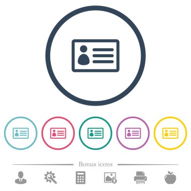 Kimlik kartı düz renkli simgeler yuvarlak özetliyor. 6 bonus simgeler dahil.