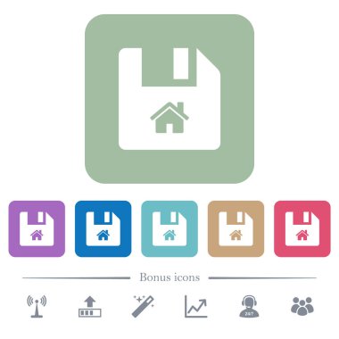 Yuvarlak renkli kare arka planlar üzerinde Başlat dosya beyaz düz simgeler. 6 bonus simgeler dahil