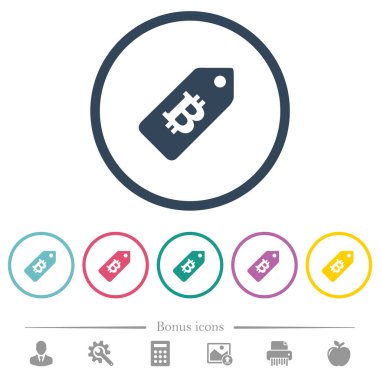 Bitcoin fiyat etiketi düz renkli simgeler yuvarlak özetliyor. 6 bonus simgeler dahil.
