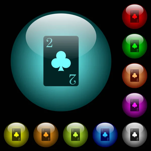 两个俱乐部卡图标在彩色照明球面玻璃按钮上的黑色背景 可用于黑色或深色模板 — 图库矢量图片