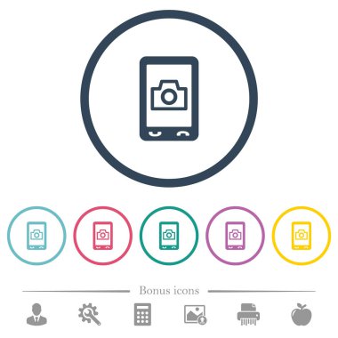 Mobil fotoğraf düz renkli simgeler yuvarlak özetliyor. 6 bonus simgeler dahil.