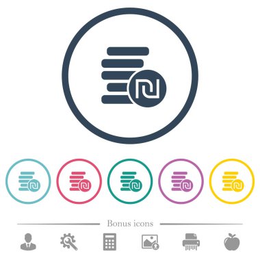 İsrail Yeni Şekeli yuvarlak özetliyor düz renk simgeleri paraları. 6 bonus simgeler dahil.