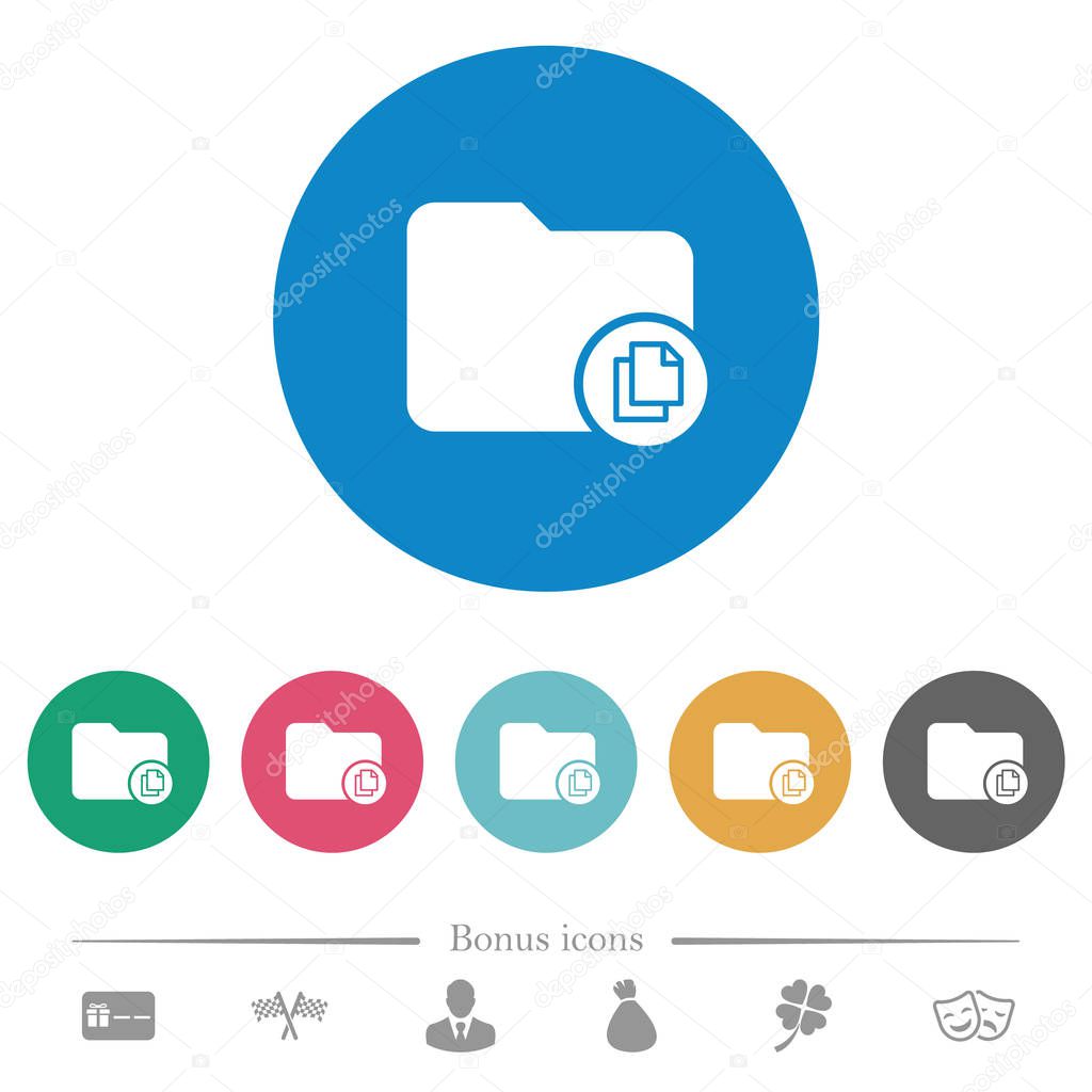 Copy directory flat white icons on round color backgrounds. 6 bonus icons included.