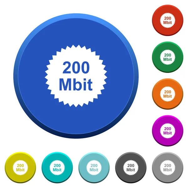 200 Mbit 保証ステッカー ラウンド カラー ベベルの滑らかな表面と平らな白いアイコンとボタン — ストックベクタ