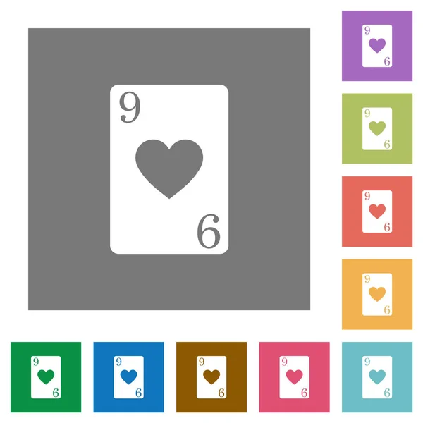 Nueve Corazones Tarjeta Iconos Planos Fondos Cuadrados Color Simple — Vector de stock