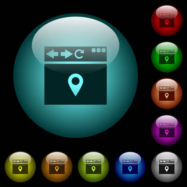 Browser Erhalten Standortsymbole Farbig Beleuchteten Sphärischen Glasknöpfen Auf Schwarzem Hintergrund — Stockvektor