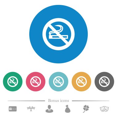 Hiç Sigara İçilmez işareti yuvarlak renkli arka planlar üzerinde beyaz simgeler düz. 6 bonus simgeler dahil.