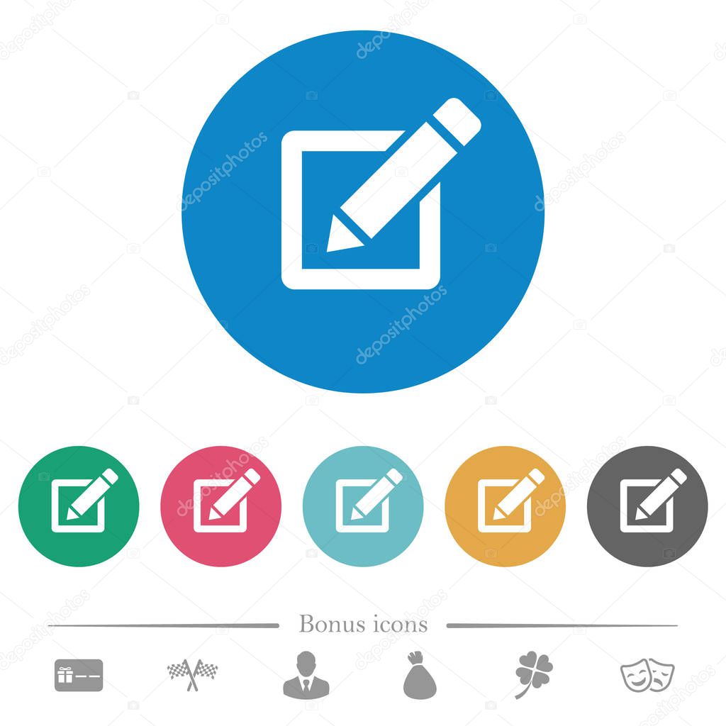Editing box with pencil flat white icons on round color backgrounds. 6 bonus icons included.