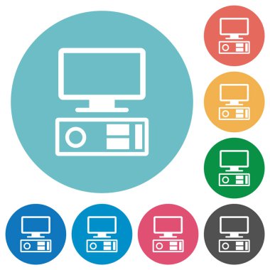 Yuvarlak renkli arka planlar üzerinde eski kişisel bilgisayar düz beyaz simgeleri