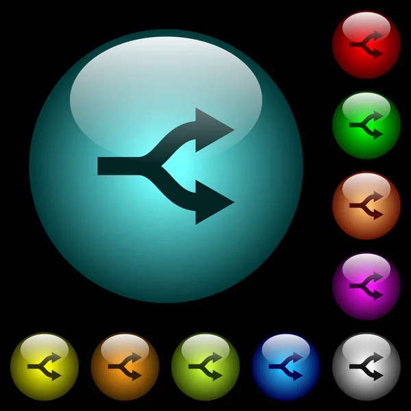 在黑色背景上的彩色照明球形玻璃按钮中拆分箭头图标 可用于黑色或深色模板 — 图库矢量图片