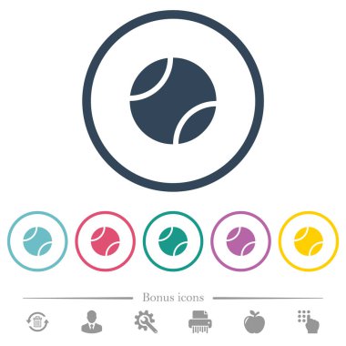 Tenis topu düz renkli simgeler yuvarlak özetliyor. 6 bonus simgeler dahil.