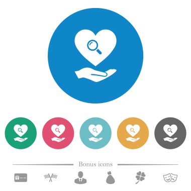 Yuvarlak renkli arka planlar üzerinde dating hizmet düz beyaz simgeler. 6 bonus simgeler dahil.