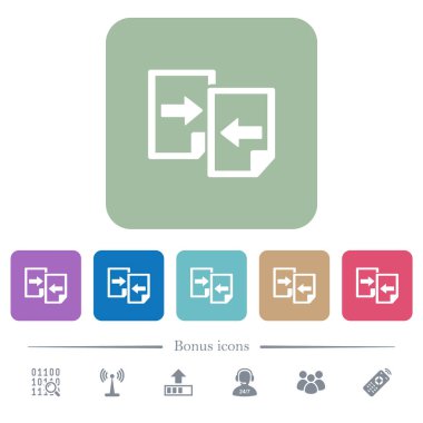 Paylaşım belgeleri beyaz düz simgeler renk üzerinde kare arka planlar yuvarlanır. 6 bonus simgeler dahil